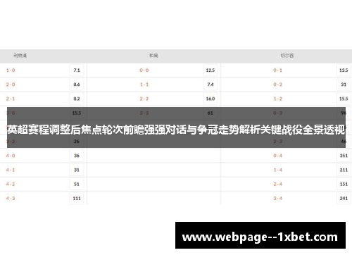 英超赛程调整后焦点轮次前瞻强强对话与争冠走势解析关键战役全景透视